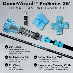 DomeWizard Proseries 25 FT security camera cleaning kit with carbon fiber pole for campus, parking lot, and shopping center surveillance maintenance