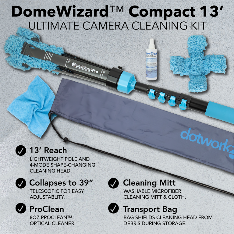 Security camera cleaning kit with flexible cleaning head for indoor and outdoor use