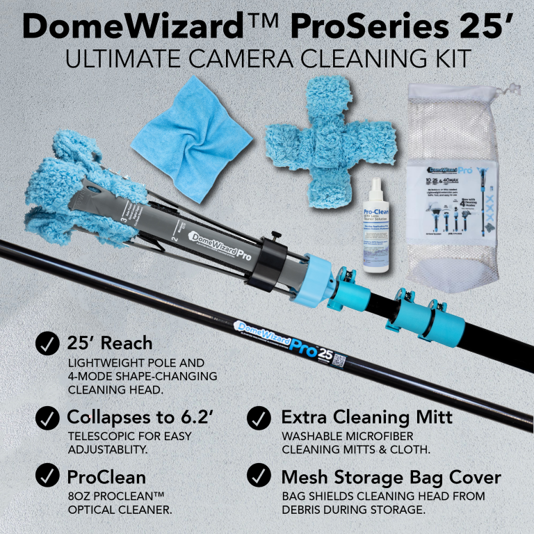 DomeWizard 25-Foot security camera cleaning kit with carbon fiber pole for campus, parking lot, and shopping center surveillance maintenance